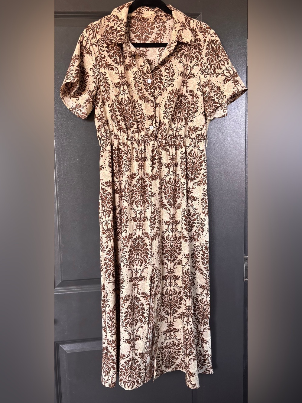 Short-Sleeve Cream and Brown Printed Midi Dress